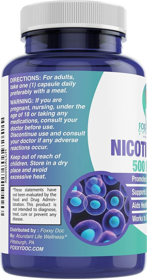 Nicotinamide 500 mg - Vitamin B3 – Energy; Cell & Skin Health. Value Priced - Flush-Free - 120 Veggie Caps by Foxxy Doc...