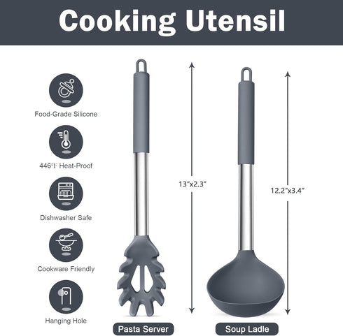 TeamFar Silicone Kitchen Utensils, 2 Pcs Large Nonstick Soup Ladle and Pasta Fork for Cooking Mixing Serving Soup, Sauce, Spaghetti, Eggs, Non-Tox...