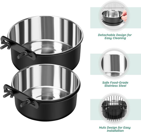 Dog Crate Water Bowl No Spill, 2 Pack Dog Crate Bowls Hanging, Kennel Water Food Bowls Mountable, Pet Cage Accessories Feeder Dish, Stainless Stee...