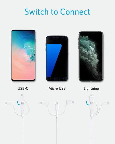 Anker Powerline II 3-in-1 Cable, Lightning/Type C/Micro USB Cable for iPhone, iPad, Huawei, HTC, LG, Samsung Galaxy, Sony Xperia, Android Smartpho...