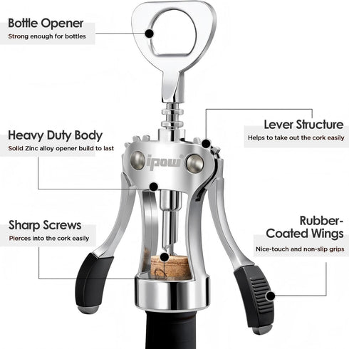 IPOW Wine Opener, Zinc Alloy Wine Bottle Opener, Wing Corkscrew Heavy Duty, Manual Multifunctional Cork Screw for Waiter, Silver...