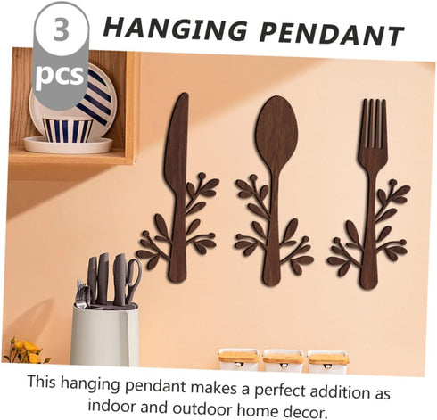 Yardenfun 3pcs Wooden and Fork Pendant Kitchen Utensils Wall Sign Fork and Spoon Wall Decor Wood Spoon Fork Sign Farmhouse Wooden Wall Plaque Coun...