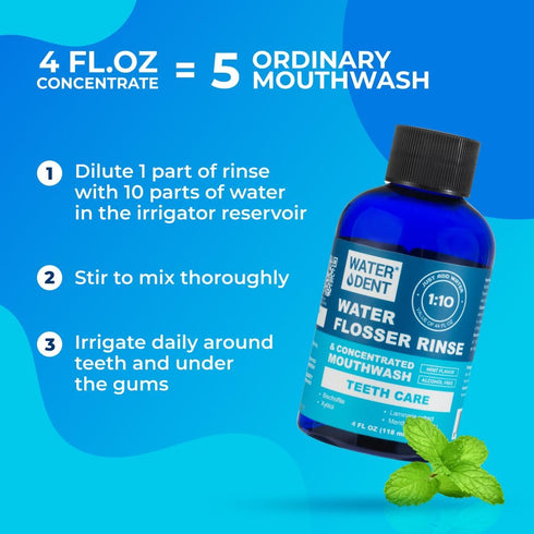 Concentrated Water flosser Rinse | Irrigant | Add to Waterpik Water Flossers | Mint Flavor | 1:10 = 44 fl.oz | Alcohol Free, Fluoride Free. Made i...