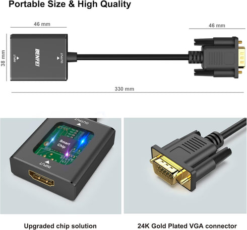 BENFEI HDMI to VGA, 2 PACK HDMI to VGA Adapter (Female to Male) with 3.5mm Audio Jack Compatible for TV Stick, Computer, Desktop, Laptop, PC, Moni...