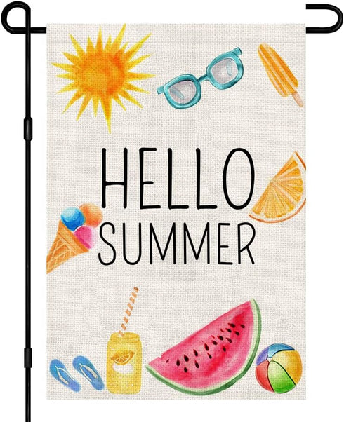 Hello Summer Garden Flag 12x18 Inch Double Sided Burlap, Beach Sign Yard Outdoor Decor Small Flags DF281...