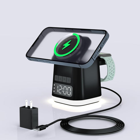 Alarm Clock + 3 in 1 Charging Station + Night Light, iphone iwatch airpod wireless charging dock, magsafe phone watch charger stand, travel charge...