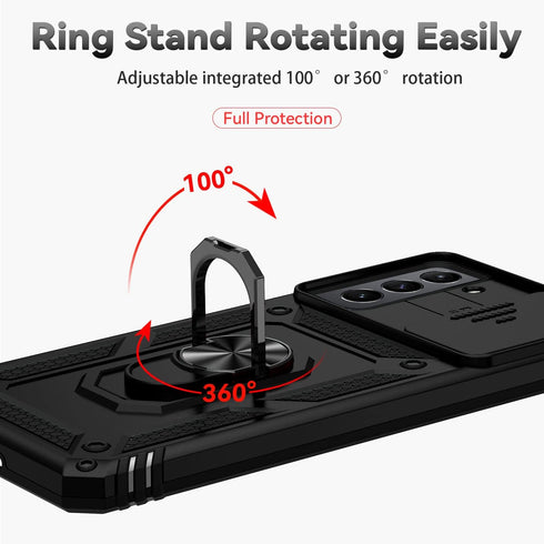 for Samsung Galaxy S21 Case with Camera Lens Cover HD Screen Protector, Dual Layer Military-Grade Drop Tested Magnetic Ring Holder Kickstand Prote...