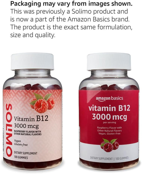 Amazon Basics Vitamin B12 3000 mcg Gummies, Normal Energy Production and Metabolism, Immune System Support, Raspberry, 100 Count (2 per serving) (...