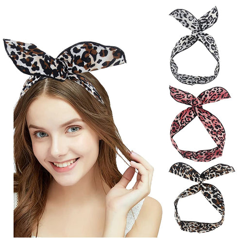 Women Cheetah Print Wire Headband Rabbit Ears Hairband Wired Hair Tie Scarf Head Wrap/Assorted 9 Colors...