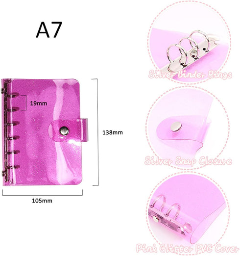 A7 Pink Red Glitter PVC Binder Cover Round Ring Binders Dia 15mm 6-Rings Snap Button Closure Shiny Dots Decor Loose Leaf Journal Albums DIY Cover ...