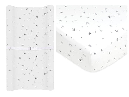 American Baby Company Crib Bedding Bundle Set, a 100% Cotton Fitted Standard Crib Sheet and a Fitted Contoured Changing Table Pad Cover, Gray Star...