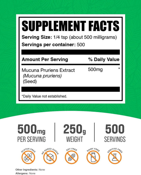 BulkSupplements.com Mucuna Pruriens Extract Powder - Mucuna Pruriens Supplements, Herbal Supplement - Vegan & Gluten Free, 500mg per Serving, 250g...