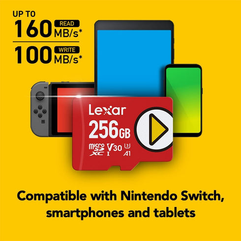 Lexar 256GB PLAY microSDXC Memory Card, UHS-I, C10, U3, V30, A1, Full-HD & 4K Video, Up To 160/100 MB/s, Expanded Storage for Nintendo-Switch, Gam...