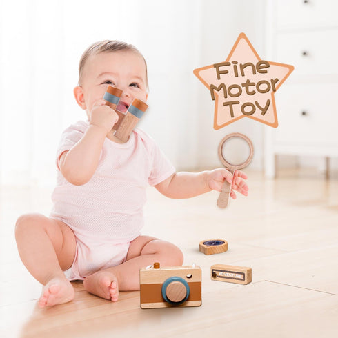 Wooden Outdoor Adventure Toys,Kids Explorer Kit With Wooden Telescope,Camera,Wooden Knife,Compass,Magnifying Glass 5-Piece Outdoor Toy Set,Camping...