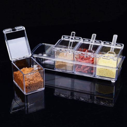 Seasoning Box with Spoon 4 Compartments Multi-Grid Spice Storage Container storage Tool for Kitchen Herb Spice Tools Gadgets...