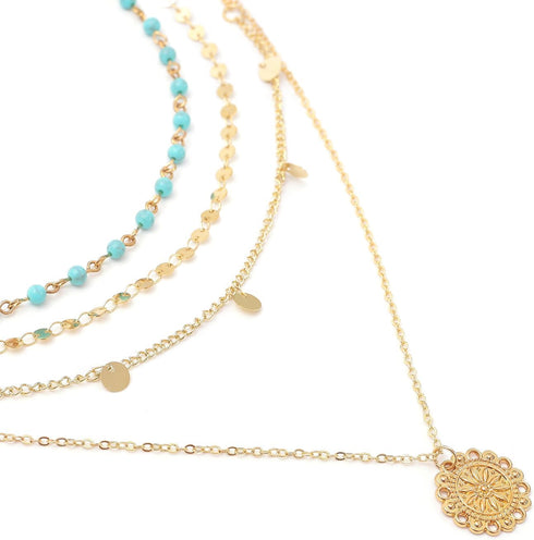 3 Pcs Western Jewelry for Women Bohemian Set, Gold Layered Necklace for Women, Faux Leather Layered Bracelet, Turquoise Beaded Huggie Hoop Earring...