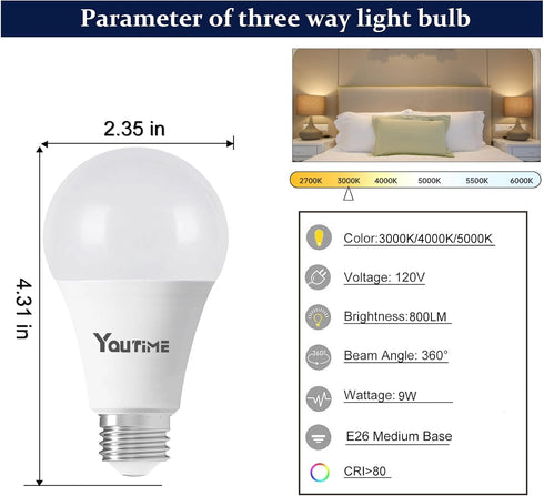 LED Light Bulb A19 3 Color Temperature 3000K-5000K-4000K,3CCT Color Changing Light Bulbs,Energy Saving 9W(60W Equivalent) LED Bulb,810LM,E26 Base ...