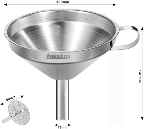 5-Inch Food Grade Stainless Steel Kitchen Funnel with Strainer Filter for Transferring of Liquid Dry Ingredients and Metal Cooking Funnel—Silver...