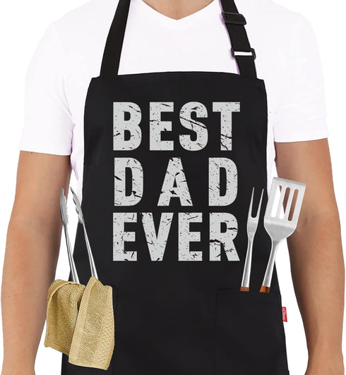 BBQ Funny Apron for Men - Best Dad Ever - Chef Bib Apron with 2 Pockets, Adjustable Neck Strap and 40" Long Ties - Best for Kitchen Cooking, Grill...
