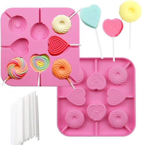2Pcs Love heart Lollipop Candy Molds 8-Cavities Food Grade Heart Silicone Lollipop Molds Chocolate Hard Candy Molds including Heart, Round with 40...