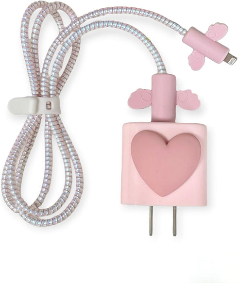 Cable Protector for iPhone Charger, Silicone Charger Protector Set - Cute Cable Cover Silicone Charger Case for 18W/20W iPhone Charger, Pink Heart...