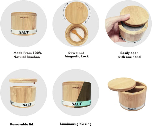 Salt Box Bamboo Salt Container with Swivel Lid and Spoon Small Spice Cellar with Label 8 oz Capacity salt Holder for Countertop with Magnetic to E...