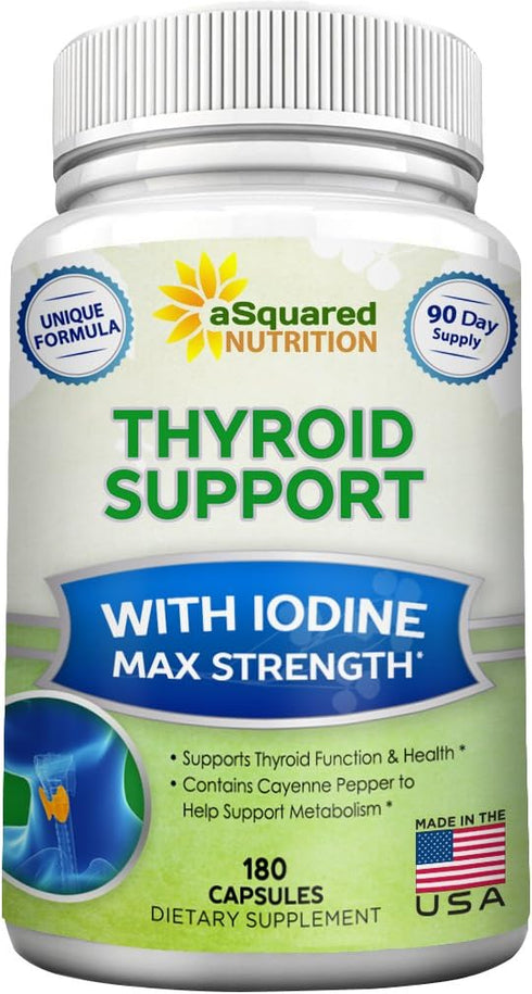 aSquared Nutrition Premium Thyroid Support Supplement with Iodine (180 Capsules) - Best Herbal & Vitamin Complex Pills w/ B12, Ashwagandha, Bladde...