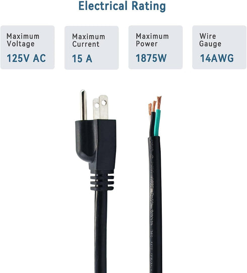 14 Gauge Replacement Power Cord?8Ft Cable 110V 115V 120V 300V Pigtail for Appliance, NEMA 5-15P Plug US SJT 14AWG (14/3), Pigtail Cord...