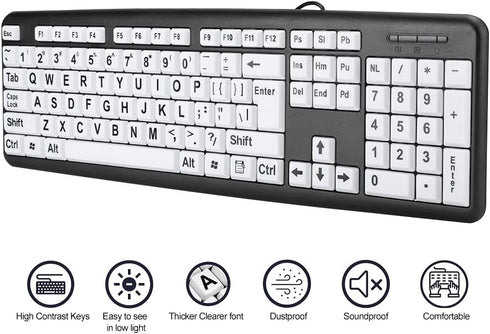Black Computer Keyboard Wired USB Keyboard Low Vision Keyboard USB Wired Old People Keyboard with White Large Print Keys(Black)...