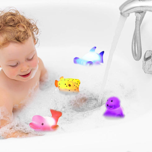 Bath Toys, 12 Pcs Light Up Ocean Sea Animal Set, Flashing Colorful LED Light Floating Bathtub Toys for Baby Infant Kid Toddler Preschool, Great Gi...