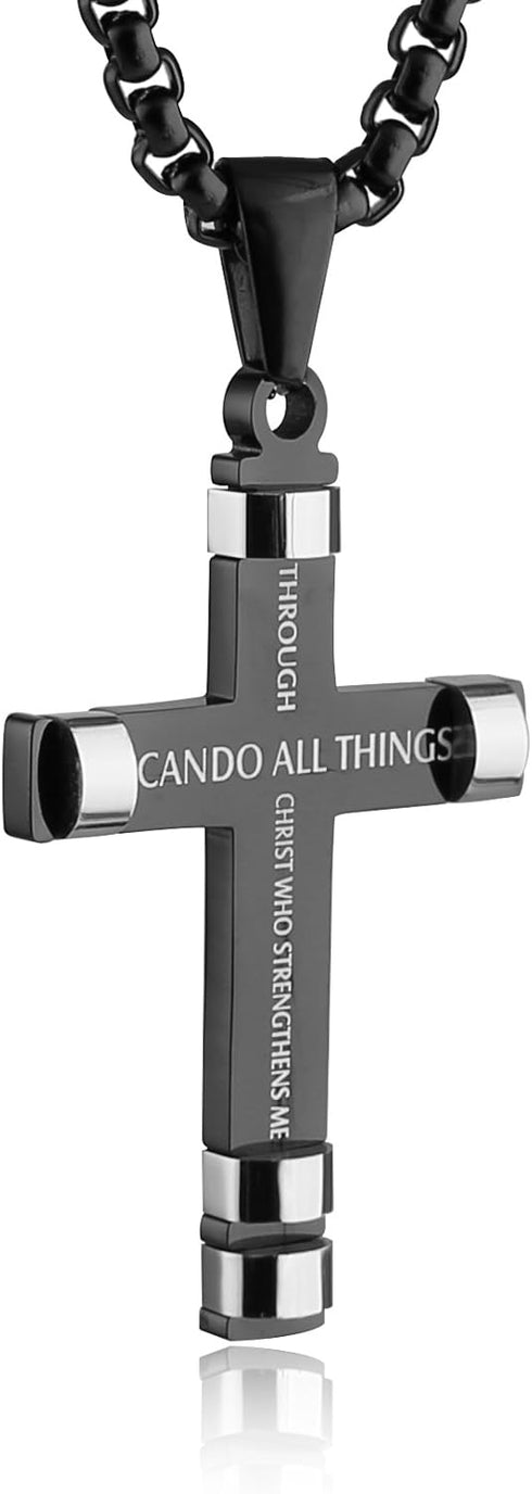 HZMAN Philippians 4:13 Cross Pendant STRENGTH Bible Verse Stainless Steel Necklace 3 Colors Available...