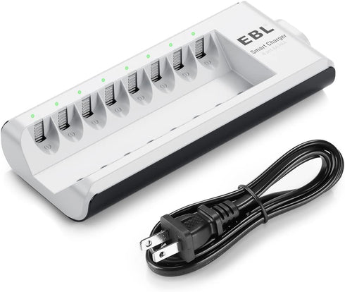 EBL AA AAA Battery Charger, 8-Bay Individual Charger for NiMH NiCD Rechargeable Batteries with AC Plug Fast Charging...