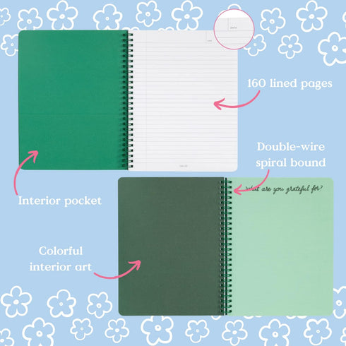 ban.do Green Floral Rough Draft Mini Spiral Notebook, 9" x 7" with Pockets and 160 Lined Pages, Superbloom...