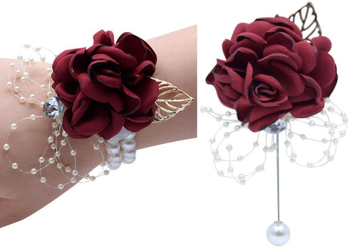 Grey Satin Rose Wrist Corsage & Boutonniere Wedding Bridal Bridesmaid Wrist Corsage Wristband and Men's Groom Bridegroom Boutonniere for Wedding P...