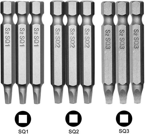 Mesee 9Pcs Square Head Screwdriver Bits with 1/4 Inch Hex Shank, S2 Steel Magnetic Square Screw Driver Bit Set SQ1 SQ2 SQ3 Electric Hand Square Sc...