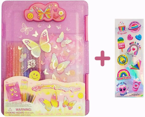 Kids Clipboard Storage Case – Cute Butterfly Design Pink Clip Board – Girls Set with 12 Erasable Colored Pencils, Pad and Stickers – Fits 8.5x11 S...