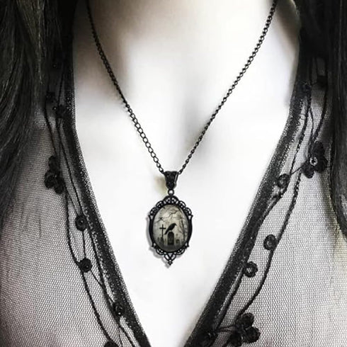 Raven Cross Glass Pendant, Vintage Gothic Cameo Necklace, Mystic Witch Jewelry Gift...