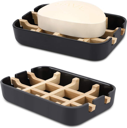Bamboo Wooden Soap Dishes for Bathroom Bar Soap Holder Shower Soap Holder Sink Deck Bathtub Shower Tray (Two Pieces Black)...
