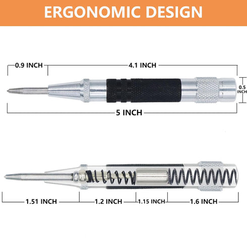 2-Piece Automatic Center Punch, 5 inch Spring Loaded Center Hole Punch with Adjustable Stroke Punch Tool for Metal Wood Glass Plastic, Metal Punch...