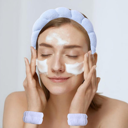 Skincare Headband and Wristband Set for Face Washing Spa Blue Bubble Soft Headbands for Women Makeup Skin Care Hairbands Sponge Terry Cloth Head B...