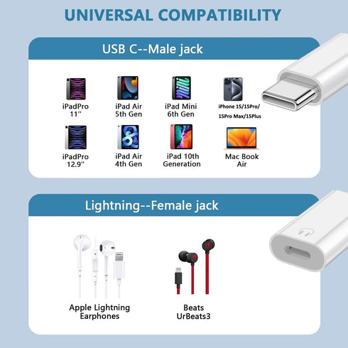 USB C to Lightning Audio Adapter, USB Type C Male to Lightning Female Earphone Converter Compatible with iPhone 15/15Pro, iPad Pro, Galaxy S23/S22...
