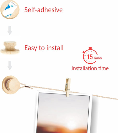 BIZYAC Hanging Photo Display Room Wall Decor - Sculptural Picture Frames Collage - 5 Strings with 30 Clips - 3M Self Adhesive Hooks - No Holes Dri...