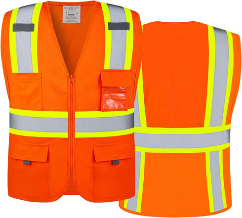 High Visibility Safety Vest with 9 Pockets, Reflective Tape Zipper Front, Work Vest for Men & Women (X-Large, Orange)...