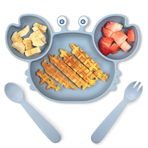 ROCCED Suction Plates for Baby, Silicone Plates with Suction Divided, Baby Spoon Fork Set for Toddler Baby Dishes Kids Utensils-Crab Dusty Blue...