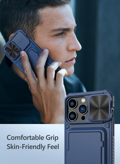 Vihibii for iPhone 15 Pro Max Wallet Case with Card Holder (4 Cards) & Slide Lens Protective Cover & Kickstand & Raised Edges Protect Screen, Shoc...