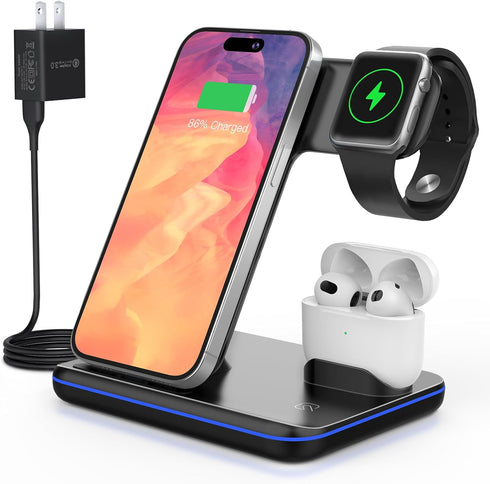 Wireless Charger 3 in 1,15W Fast Charging Station for iPhone/iWatch/AirPods,Have Controllable Cool Lights,Compact Design,Give You A Tidy Desktop/N...