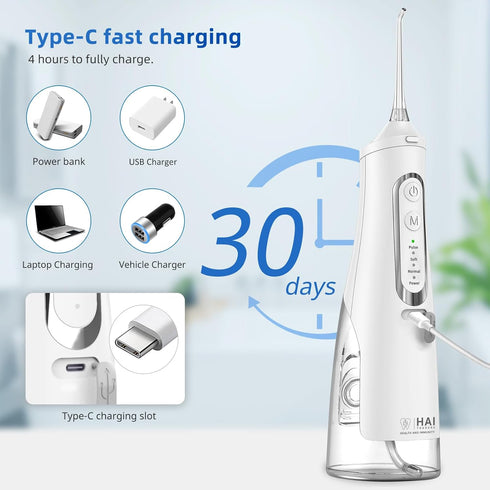 HAI Water Flossers for Adults - Dental Floss with 310ML Tank & 4 Jet Tips - Rechargeable, Waterproof, Portable Water Flossers for Teeth, Braces, B...