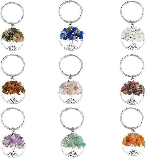 SUPERFINDINGS 36Pcs 9 Styles Tree of Life Keychain Natural Crystal Stones Handmade DIY Keychain Charm Pendant Gemstones Key Chain Charm for Handma...