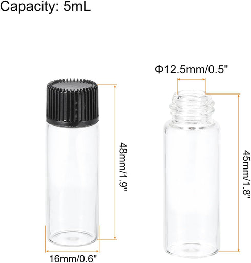PATIKIL 5ml Essential Oil Bottles, 50 Pack Clear Glass Bottles with Orifice Reducer Sample Vial Screw Cap Storage Vials Container Style 1, Black...