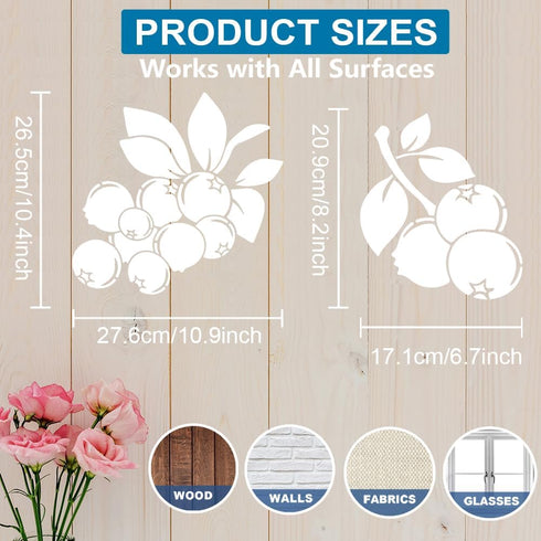 2pcs Blueberry Stencil 11.8×11.8inch Large Summer Fruit Stencils with Paint Brush Reusable Plant Fruit Blueberry Leaves Template for DIY Craft Can...